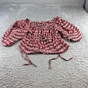 Open Edit Pink Geometric Smocked Puff Sleeve Peplum Top Blouse Medium